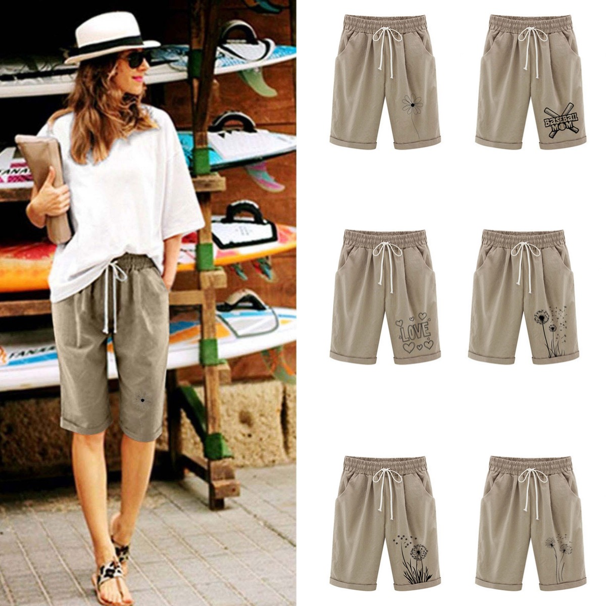 Women Casual Shorts Drawstring Comfy Summer Pull On Elastic Waist Shorts with Pockets